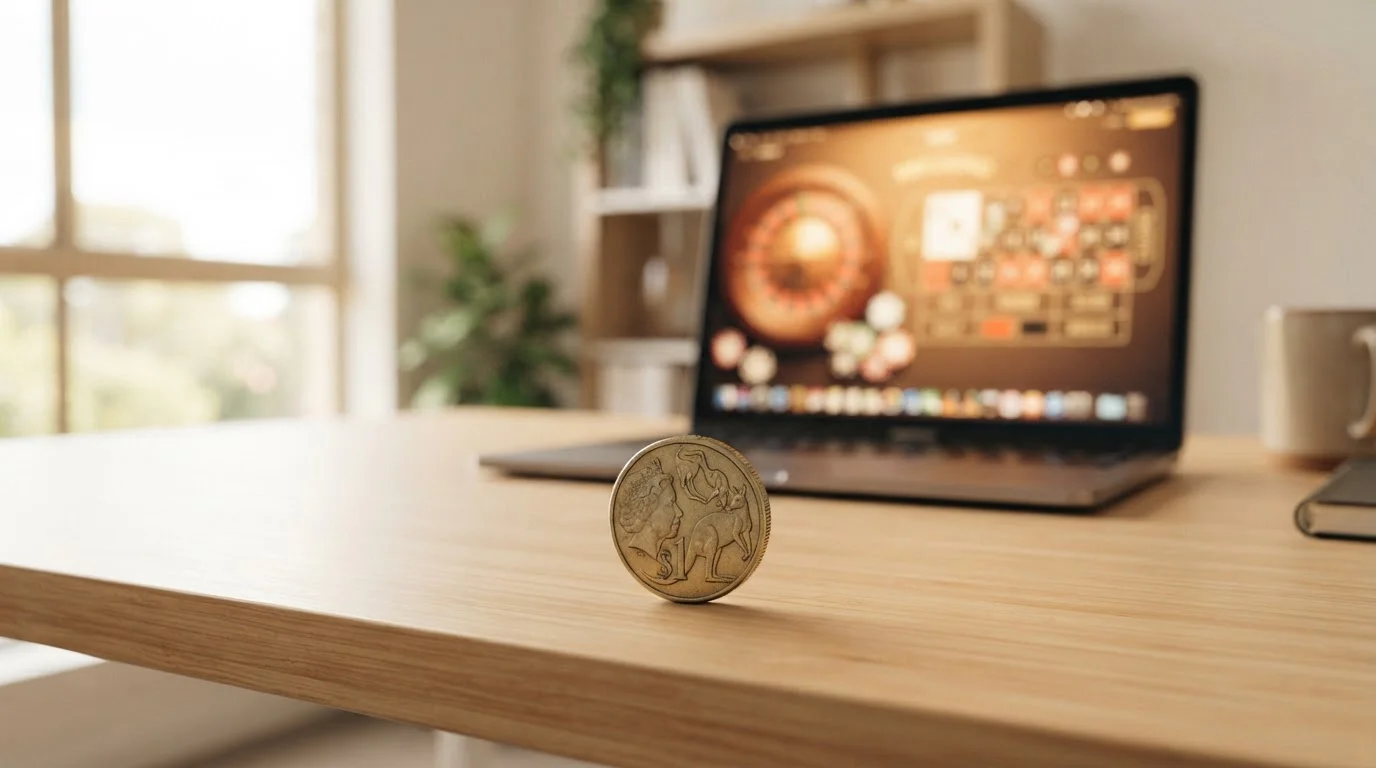 Australian dollar coin on desk with laptop showing casino interface in background