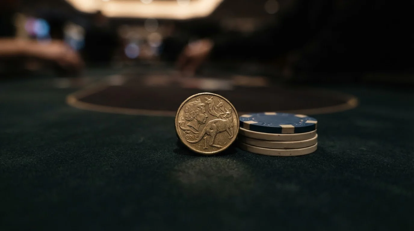 Australian dollar coin on casino table with poker chips representing minimum deposit gambling