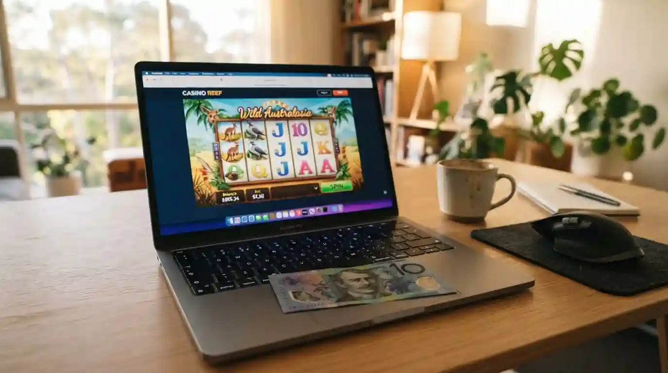 Australian ten dollar note on laptop with online pokies casino interface