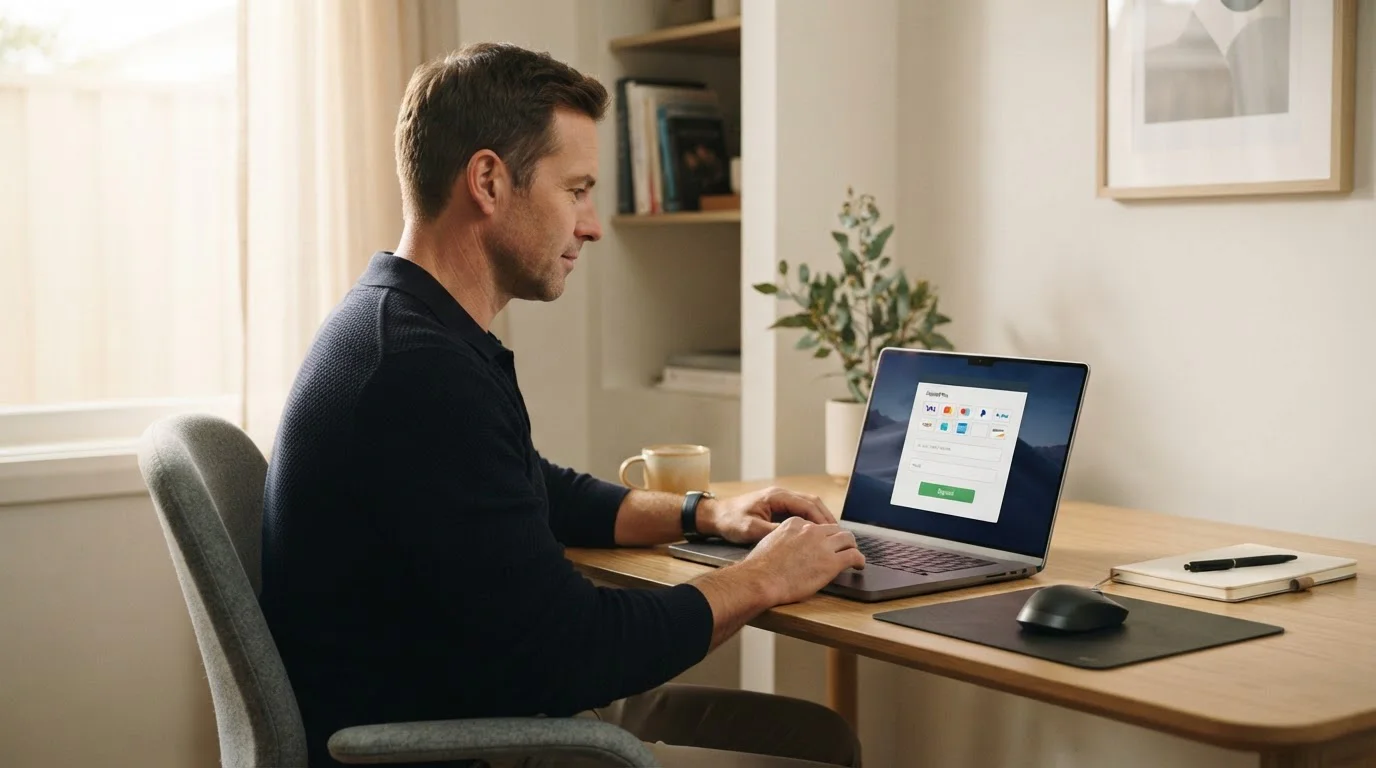 Australian player depositing small amount at online casino on laptop