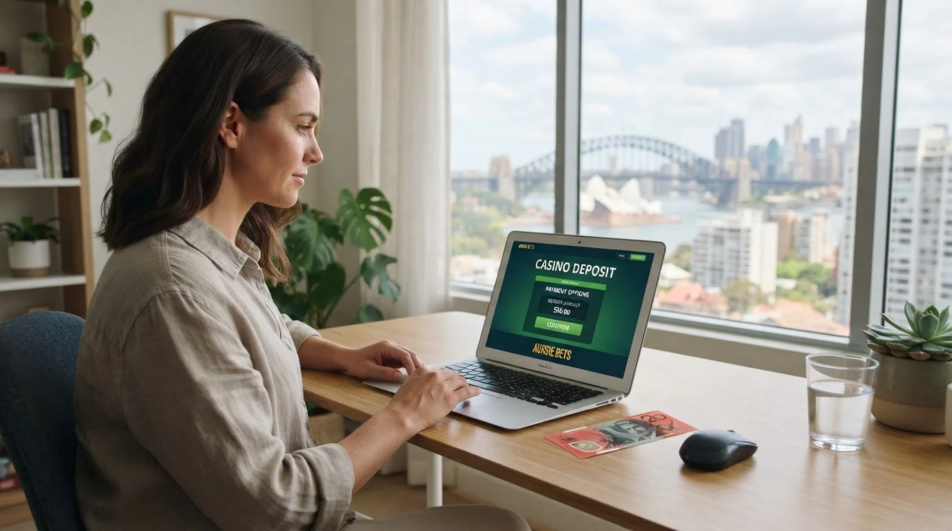 Australian player depositing twenty dollars at online casino on laptop