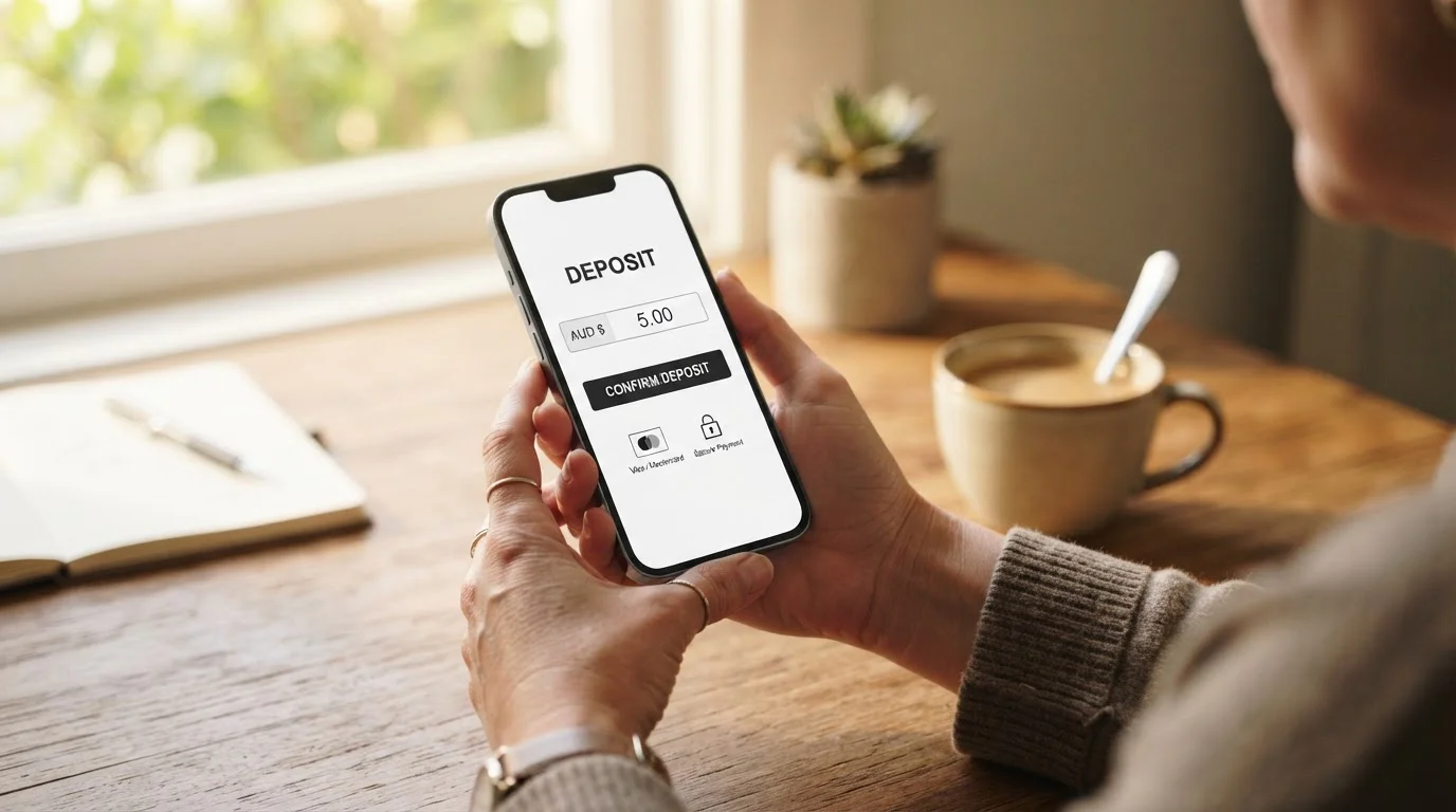 Australian player depositing five dollars for online pokies on mobile device