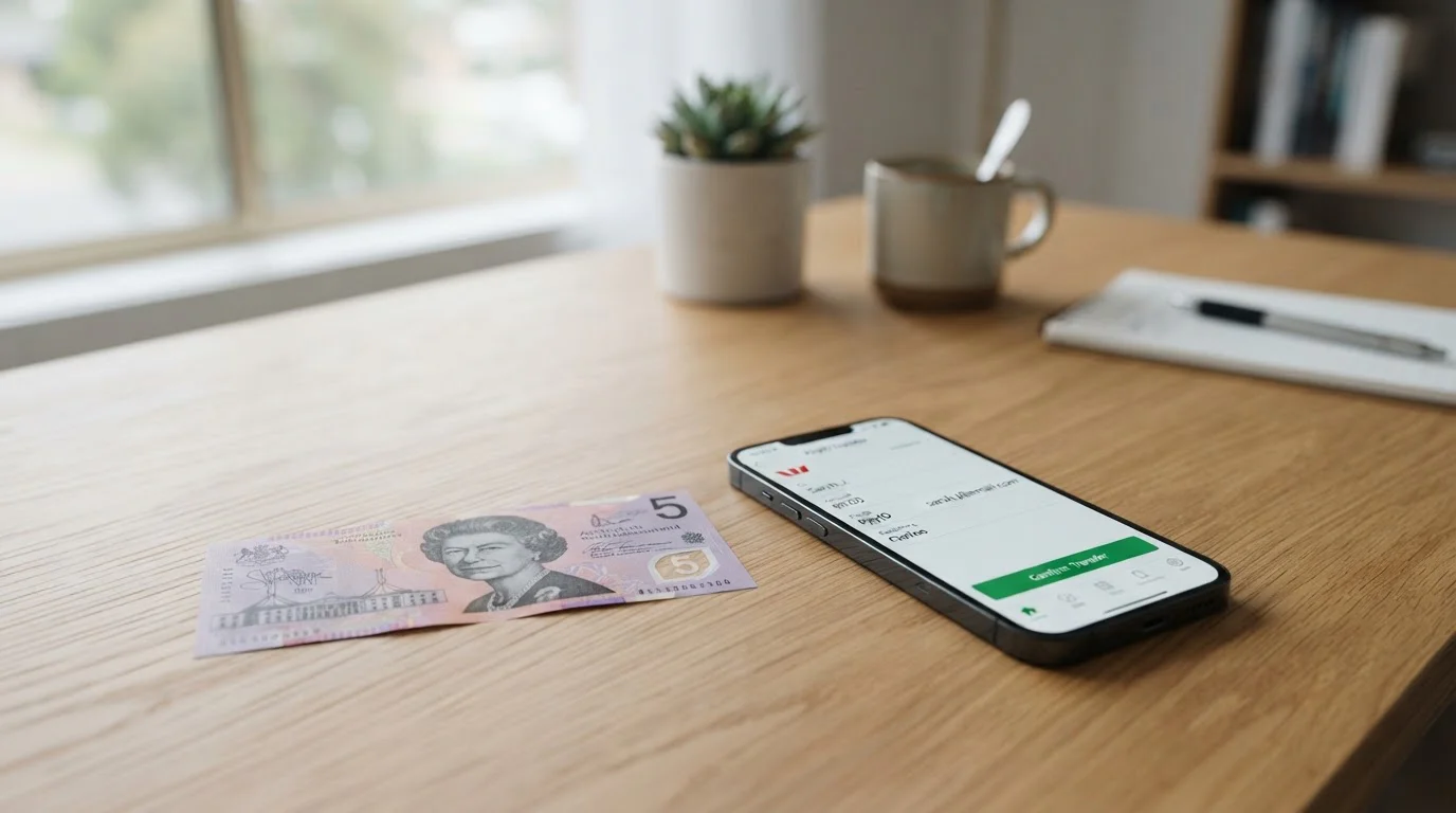 Australian five dollar note with smartphone showing PayID transfer screen on desk