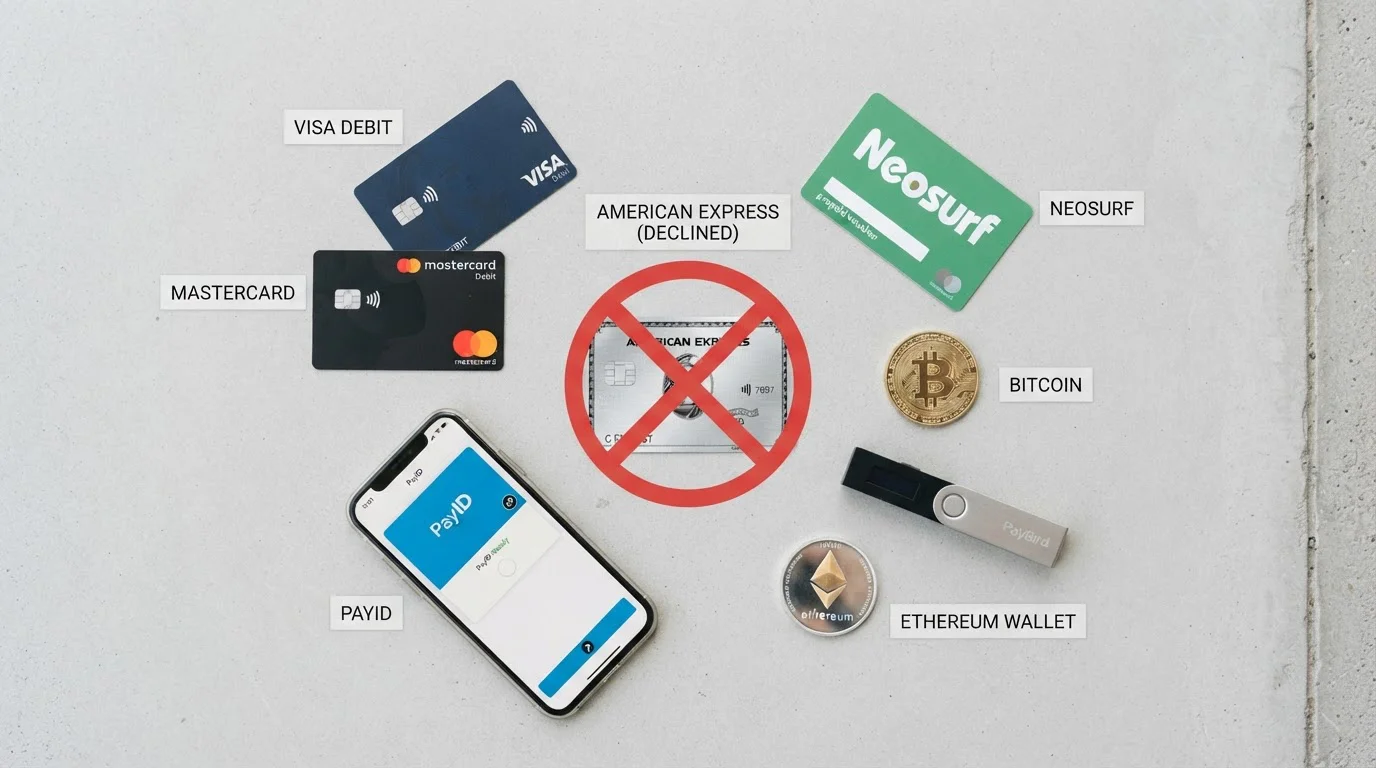 Payment method icons showing Visa, Mastercard, PayID, cryptocurrency and voucher alternatives