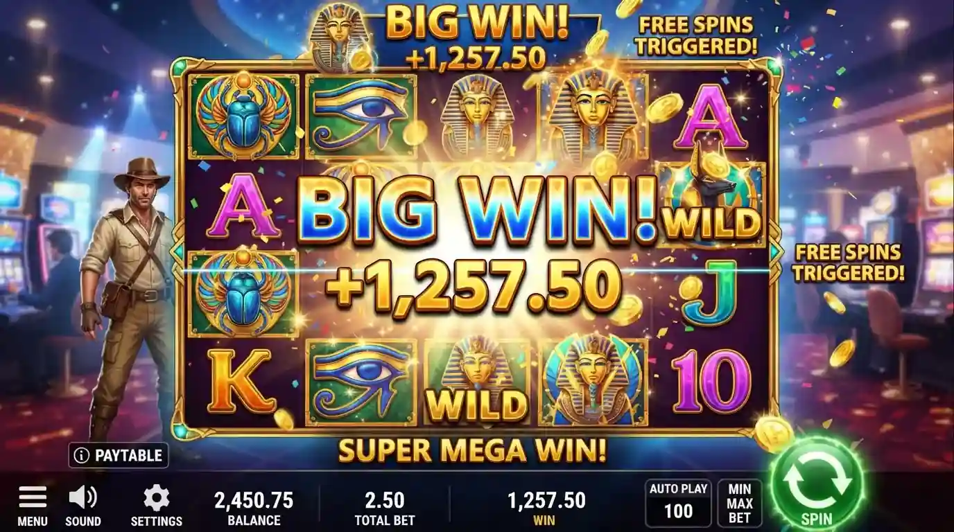 Modern pokies game interface showing reels, bonus features and win celebration screen