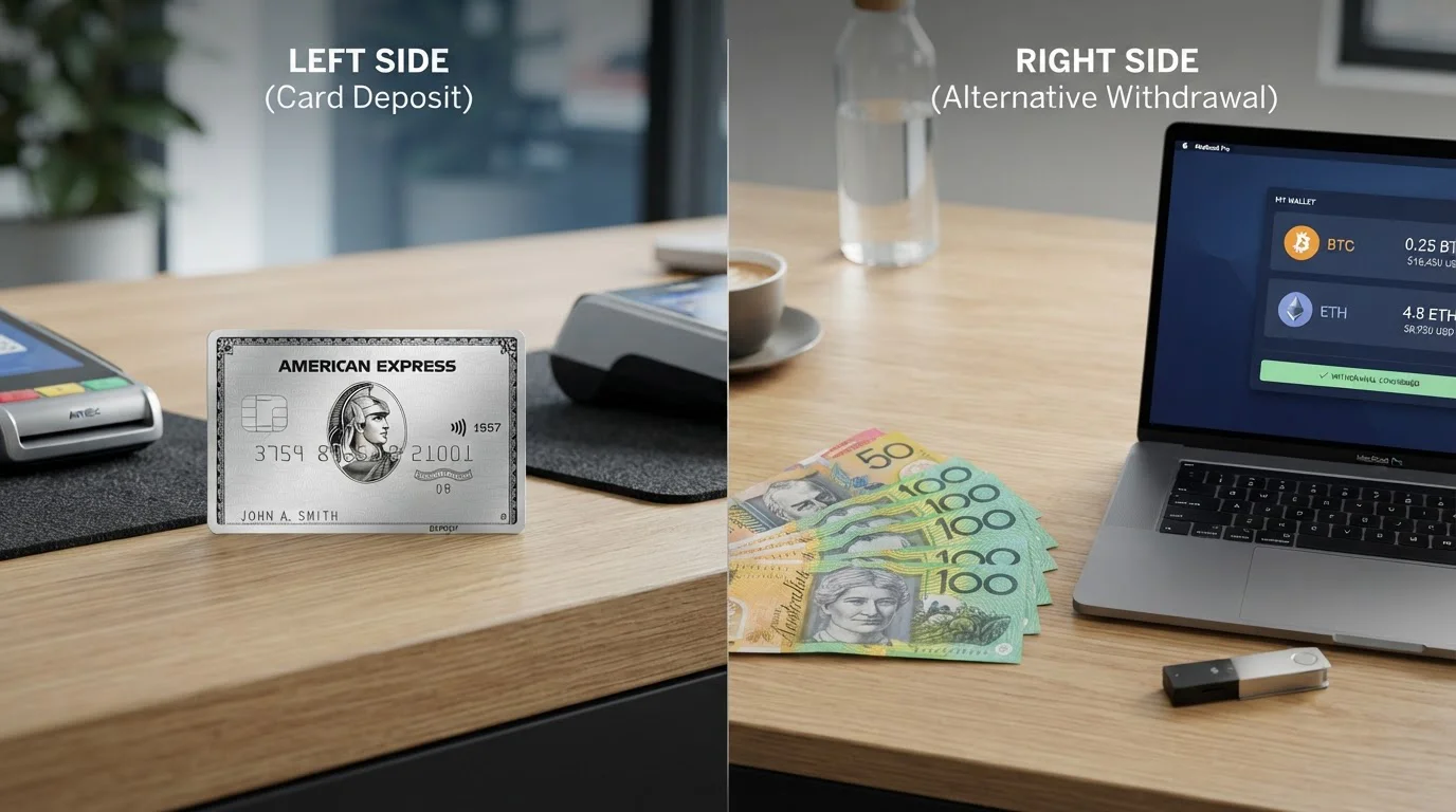 Australian dollar notes and coins next to a laptop showing cryptocurrency wallet interface