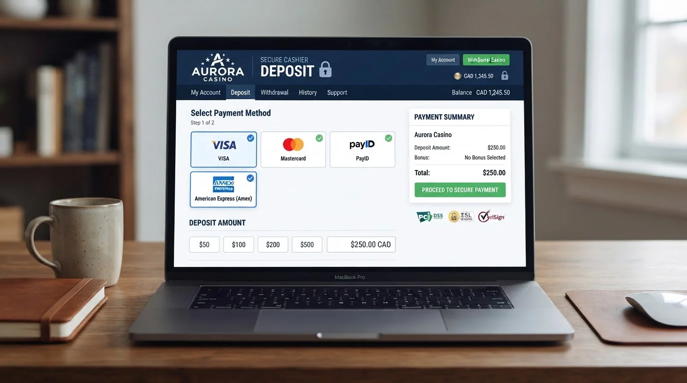 Casino cashier interface showing American Express option among payment methods