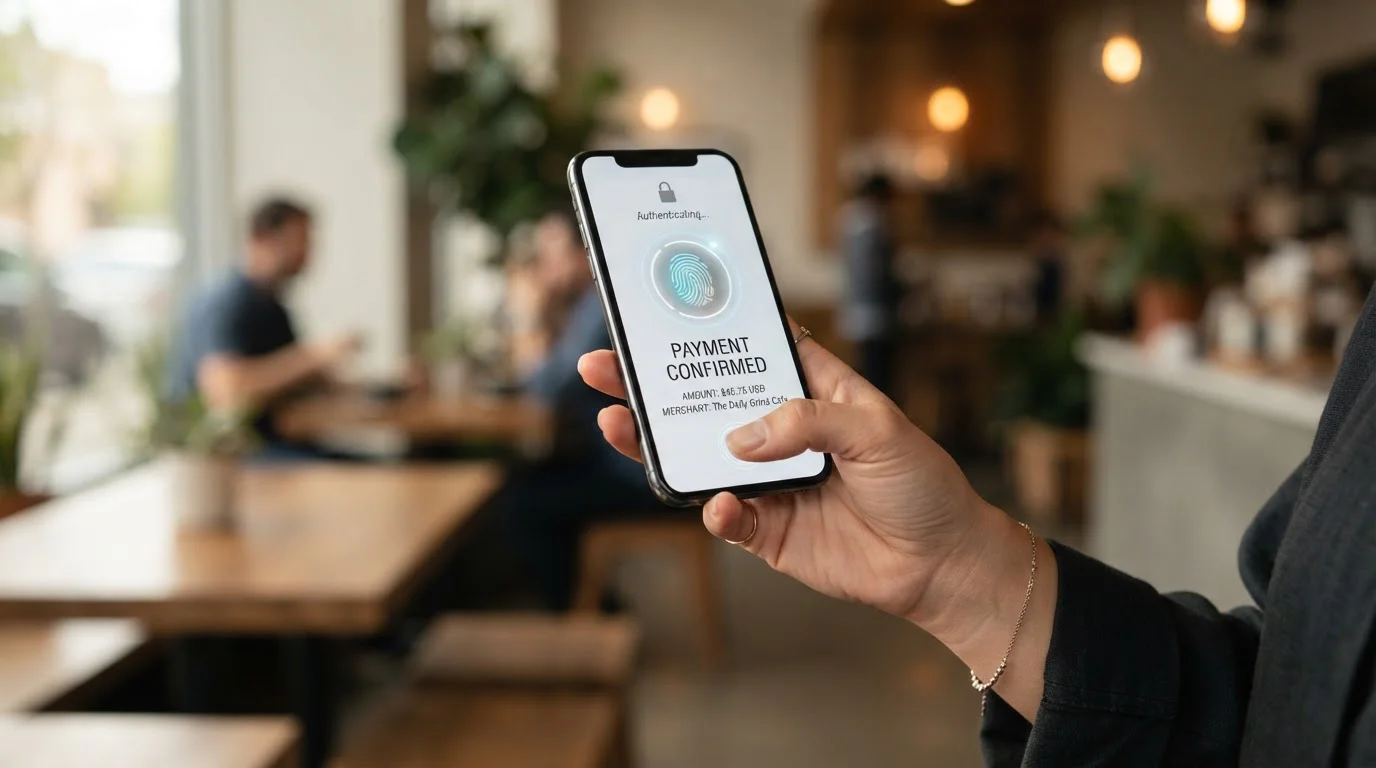 Person using smartphone with Apple Pay or Google Pay biometric authentication for mobile casino deposit