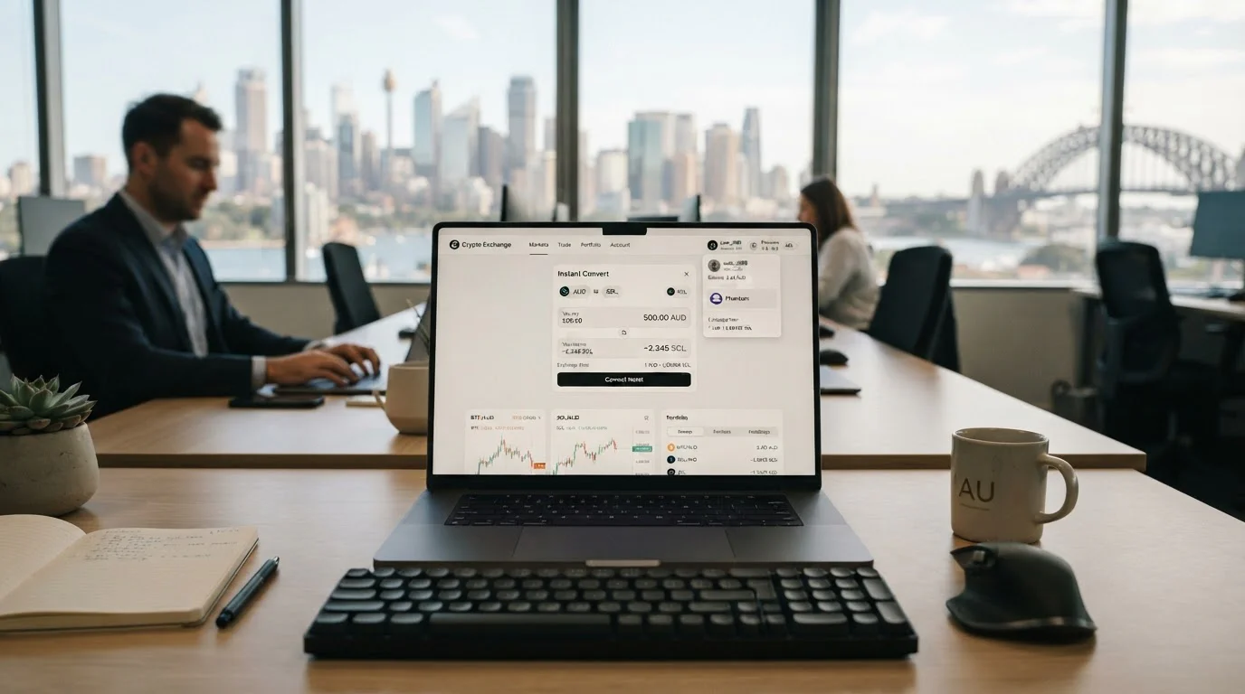 Australian exchange interface showing AUD to SOL conversion with Phantom wallet icon