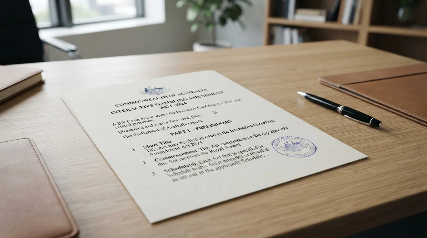 Legal document with ACMA seal and Interactive Gambling Amendment text visible