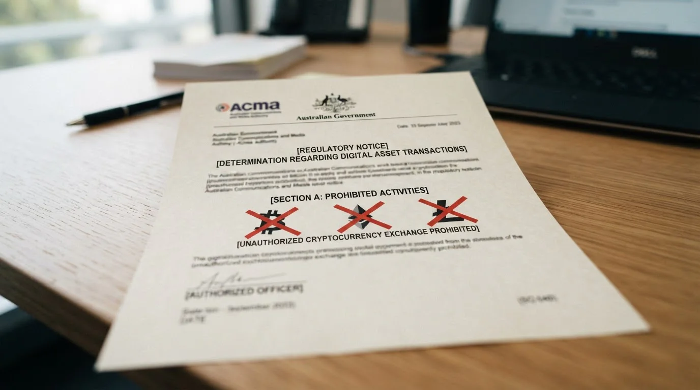 Australian regulatory document with ACMA seal and cryptocurrency prohibition notice