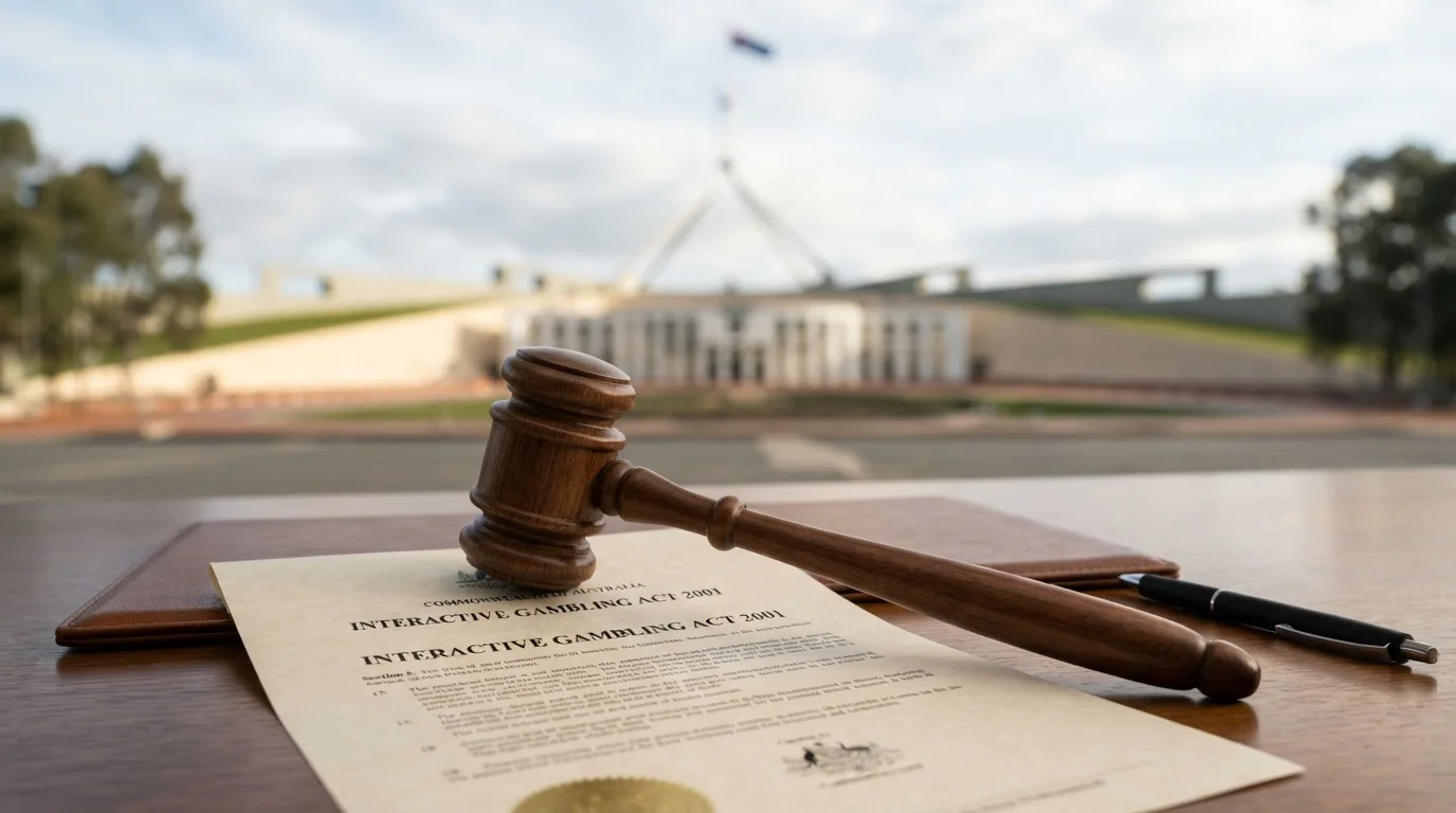 Australian Parliament House with gavel and Interactive Gambling Act document