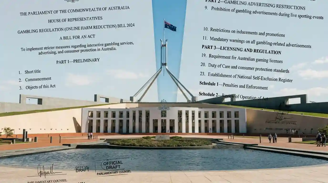 Australian Parliament House with legal document overlay