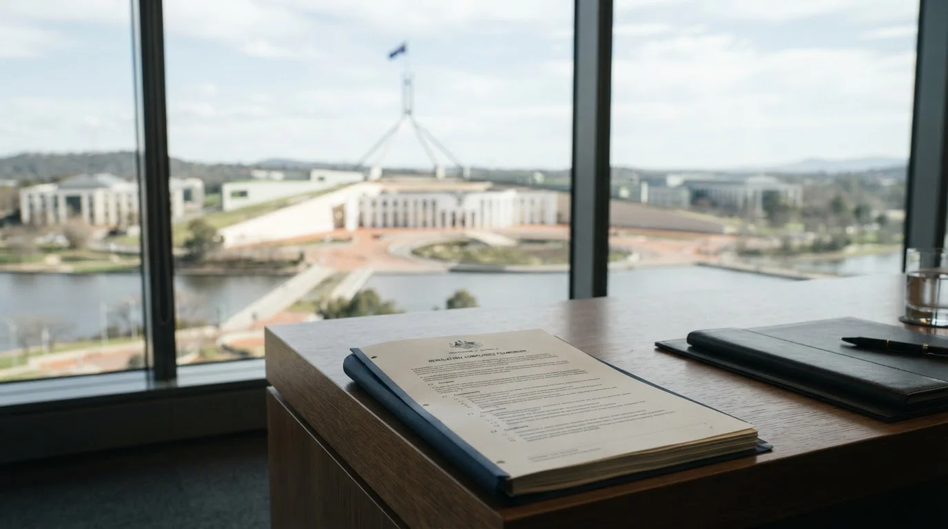 Australian government building with neutral regulatory document in foreground