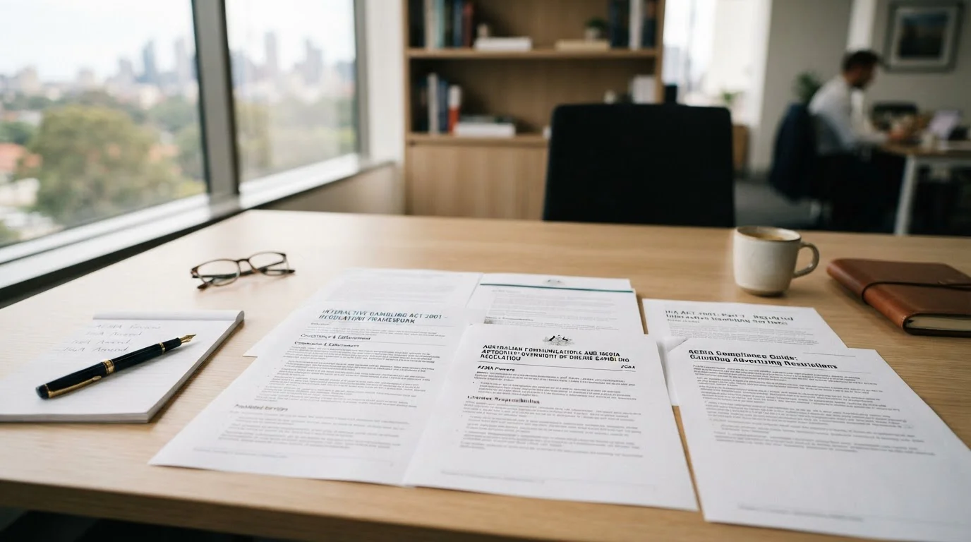 Australian legal documents showing IGA 2001 regulatory framework with ACMA oversight materials on desk