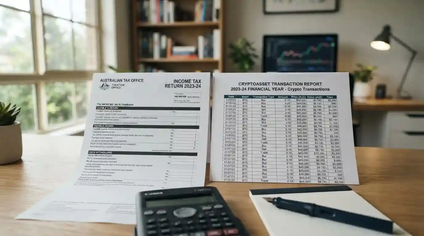 Tax document with Australian Tax Office header and cryptocurrency transaction records