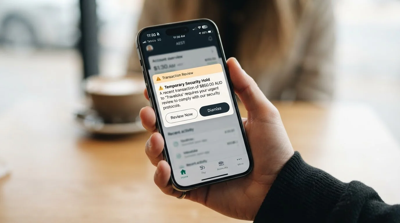 Australian banking app notification screen showing transaction hold or confirmation prompt