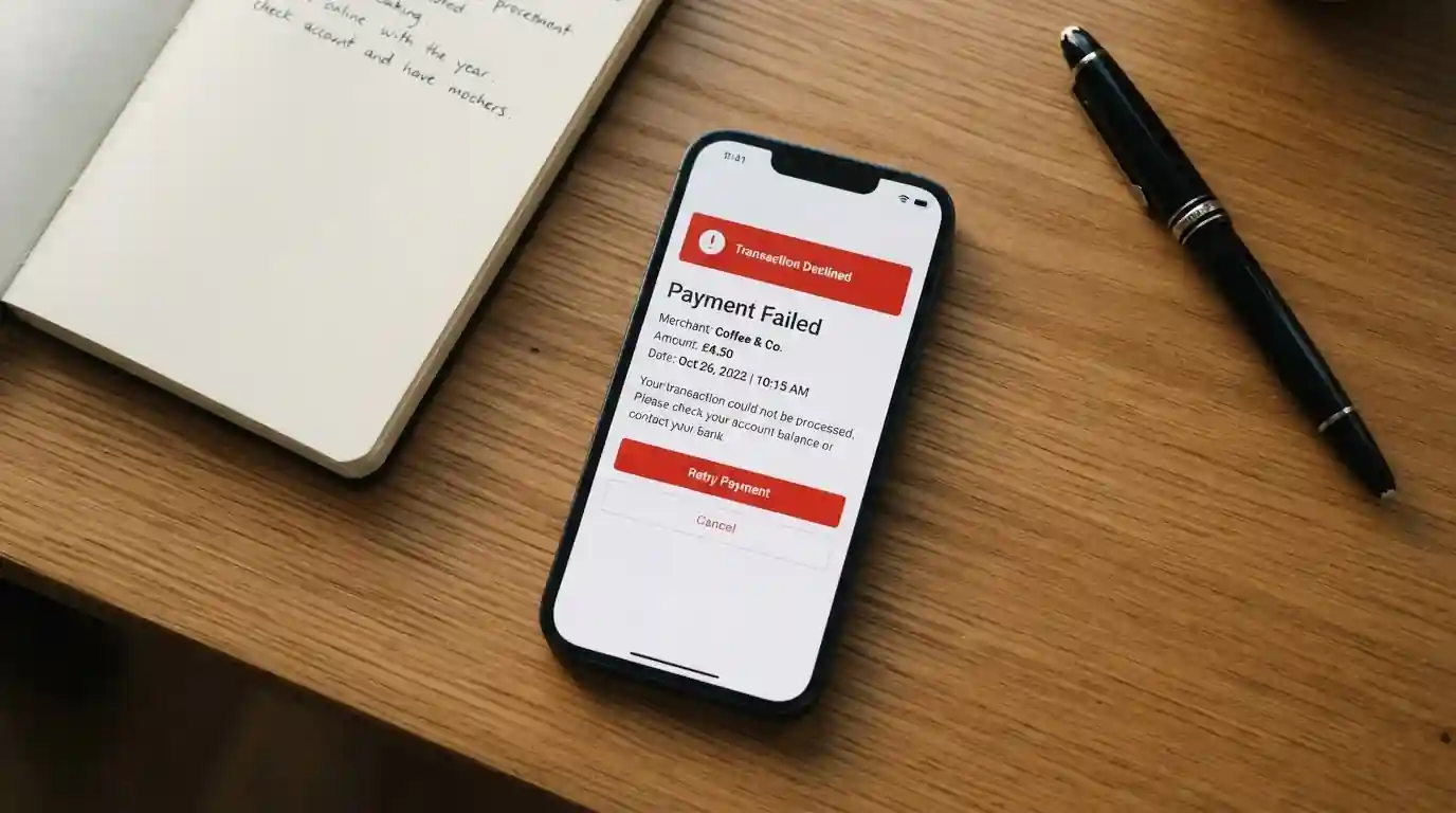 Smartphone screen showing banking app with declined PayID transaction notification