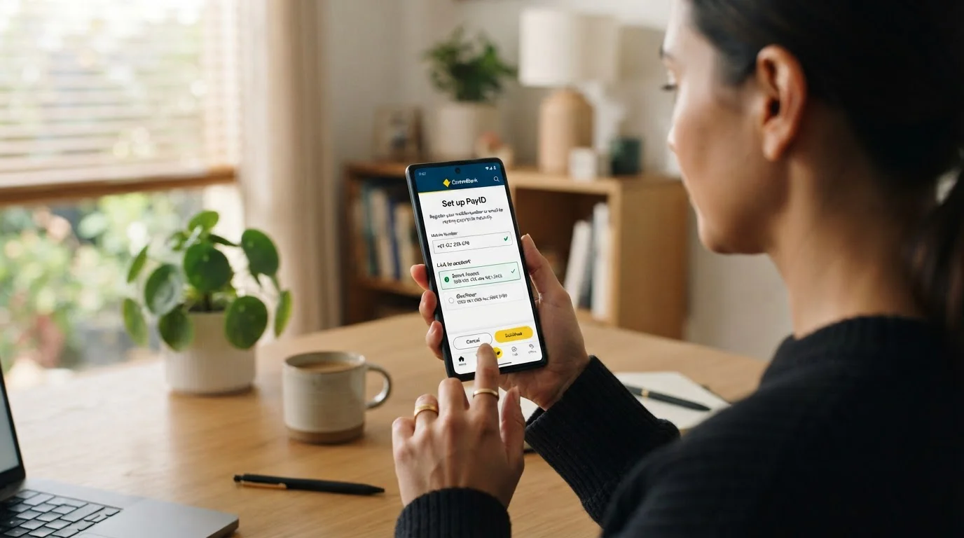Hands holding smartphone with Australian banking app showing PayID registration