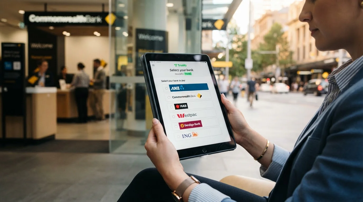 Tablet showing secure banking connection interface with Australian bank building in background