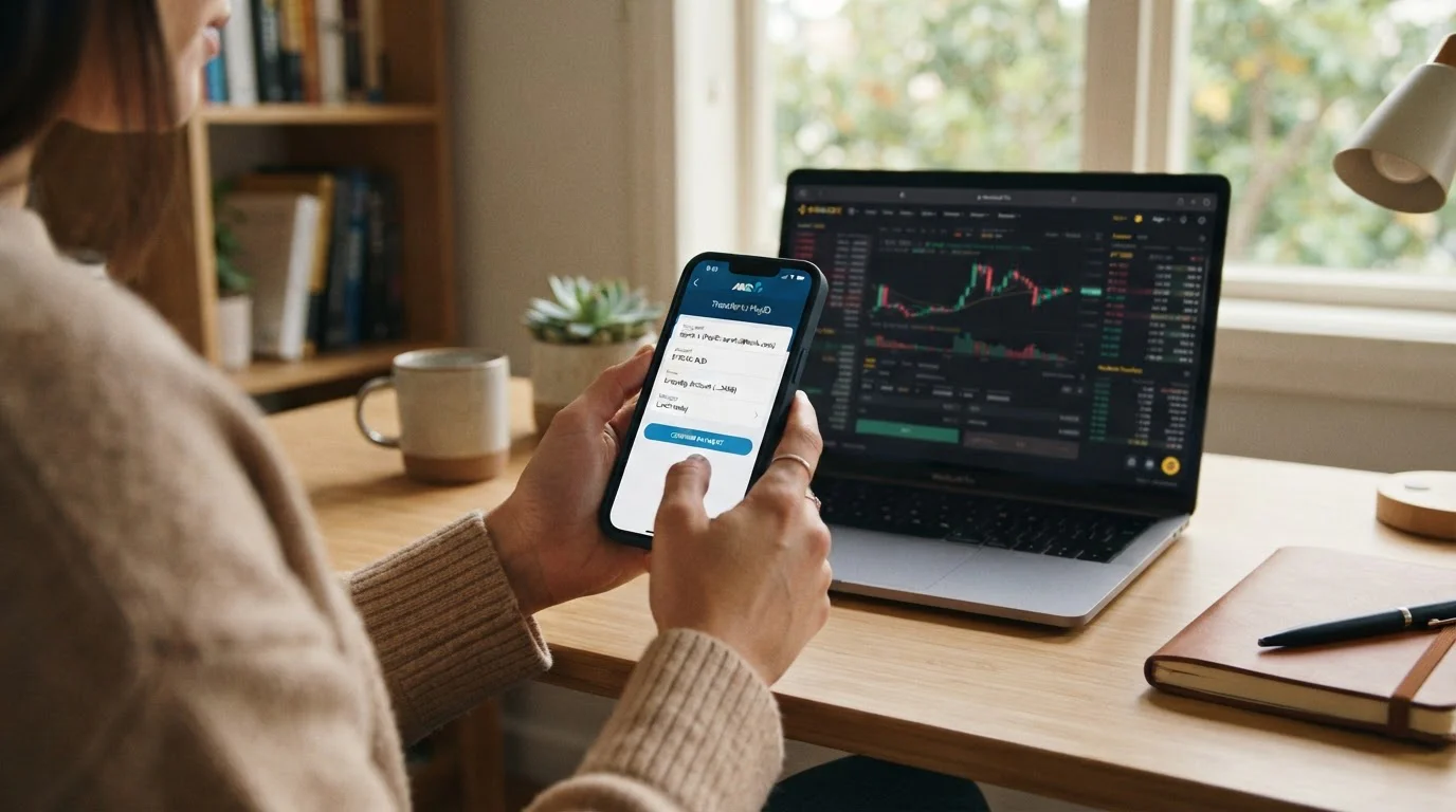 Person using smartphone with CoinSpot and Swyftx apps and PayID transfer on screen