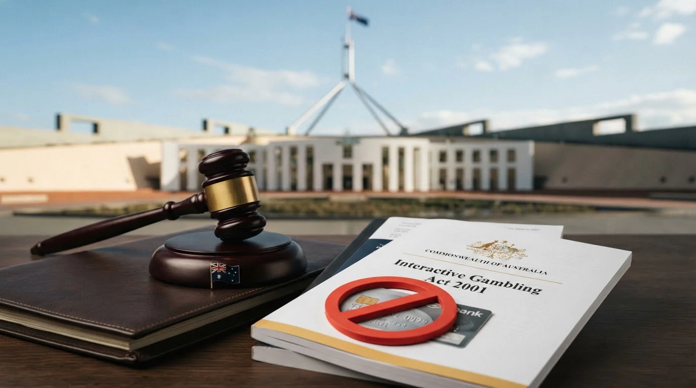 Australian parliament building with gavel and legal documents symbolizing gambling regulation