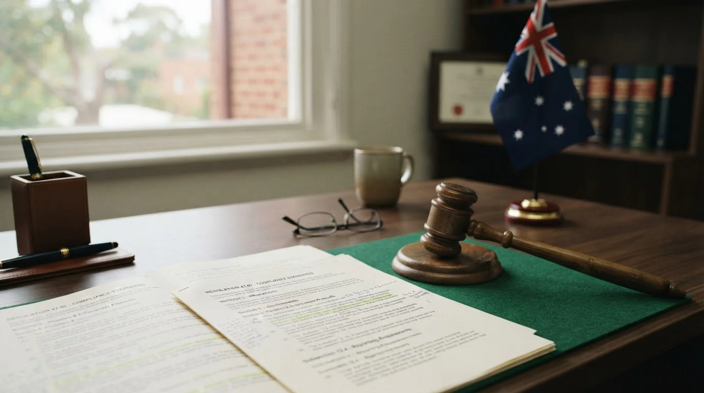 Document showing legal text with Australian flag and gavel in background