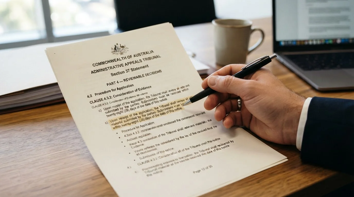 Official government document on desk showing formal legal text with person's hand pointing to clause