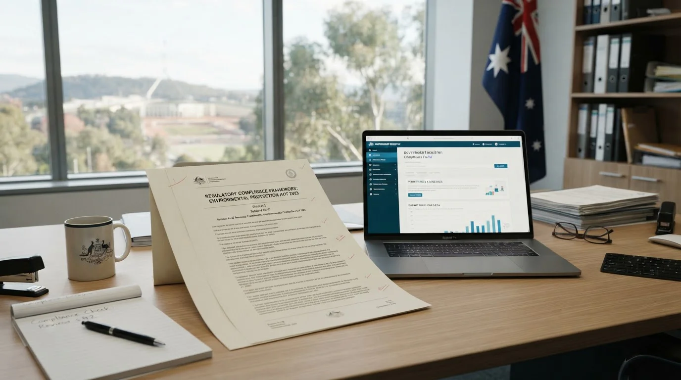 Desk with official document and laptop displaying regulatory website