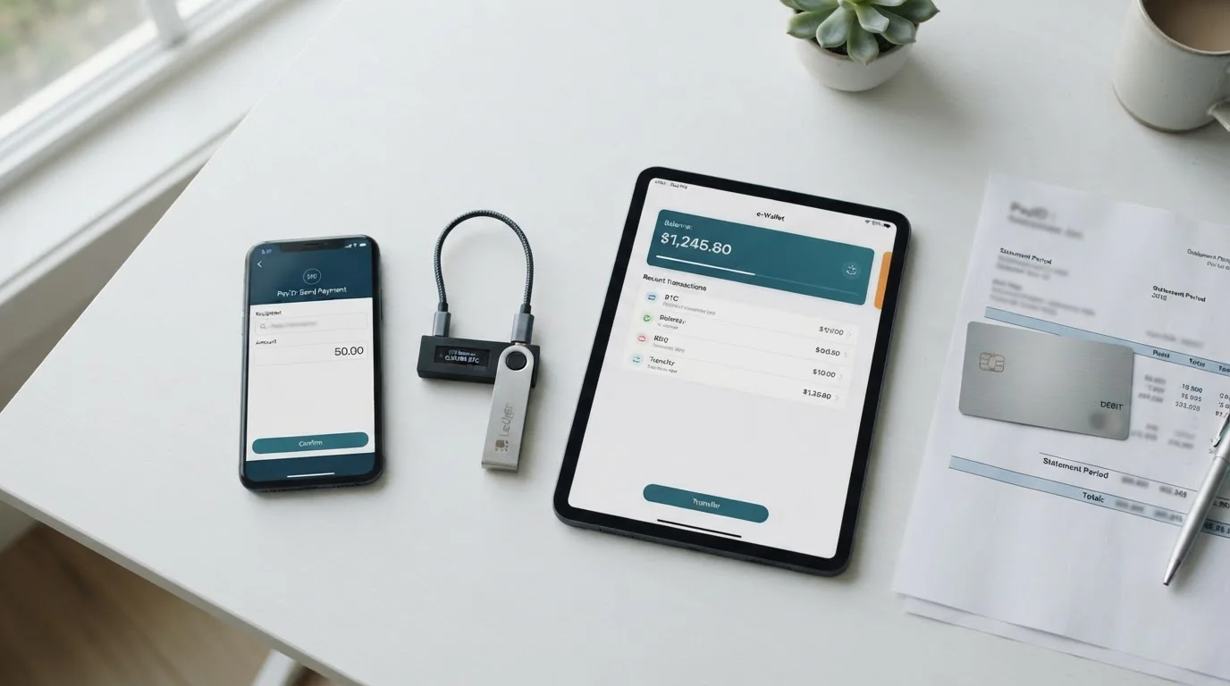 Comparison of payment methods showing PayID smartphone interface, crypto wallet, e-wallet app, and bank transfer form