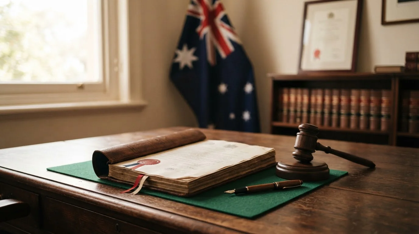Legal document on desk with Australian flag and gavel visible