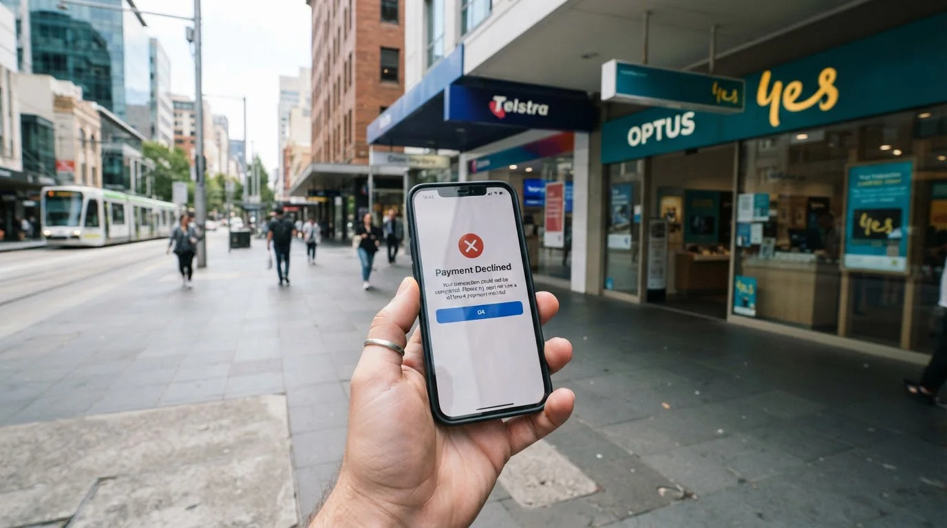 Telstra and Optus storefronts with mobile phone display showing blocked gambling transaction