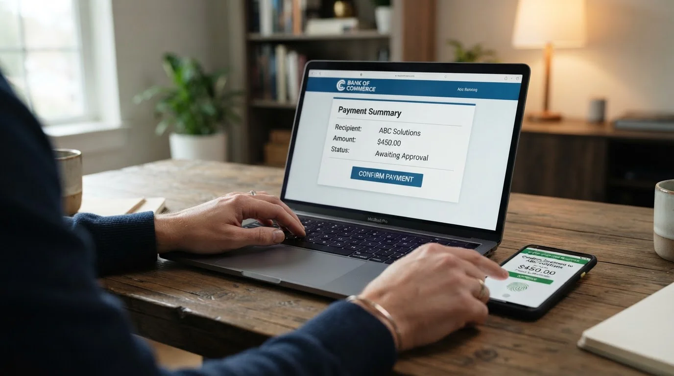 Hands typing on laptop with smartphone showing online banking interface