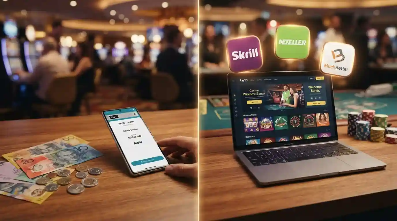 Australian dollar notes beside a smartphone displaying PayID transfer next to a laptop showing casino cashier icons for popular payment apps