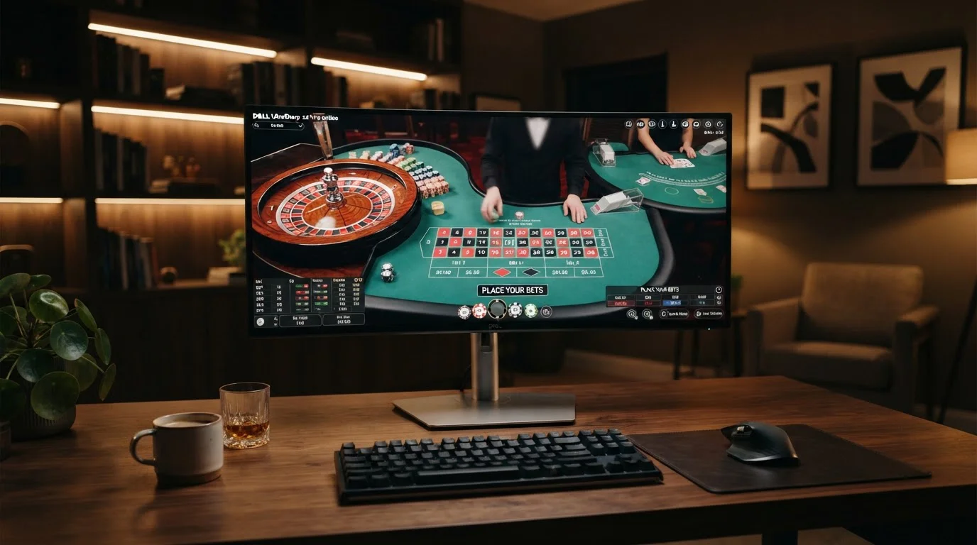 Live casino gaming interface showing roulette wheel and blackjack tables
