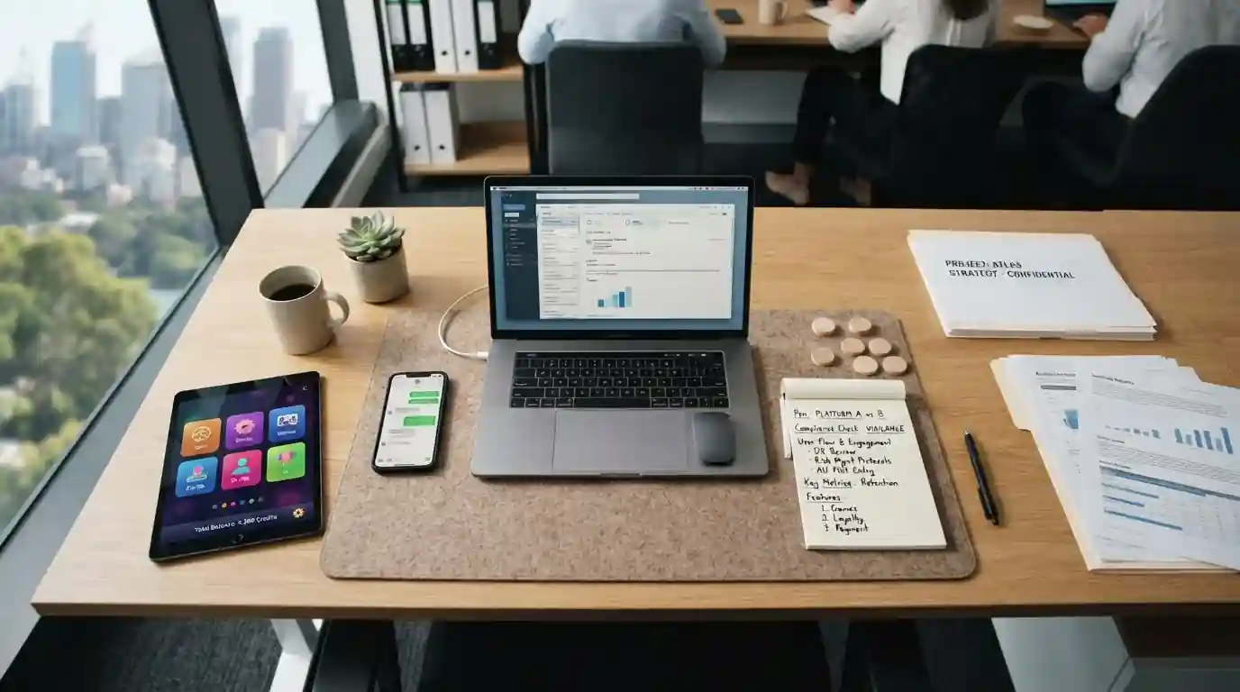 Workspace with laptop showing casino comparison notes and research