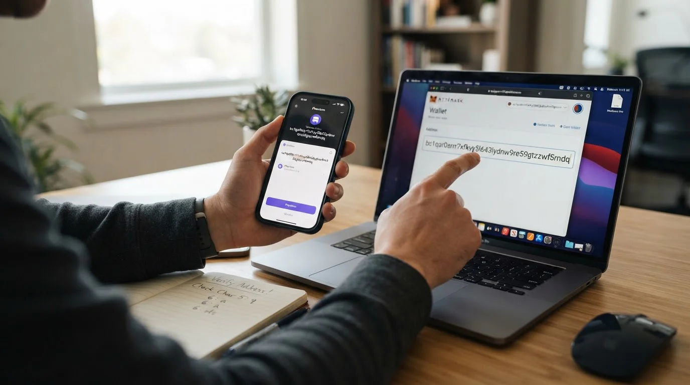 Person at desk verifying cryptocurrency wallet address on laptop and phone