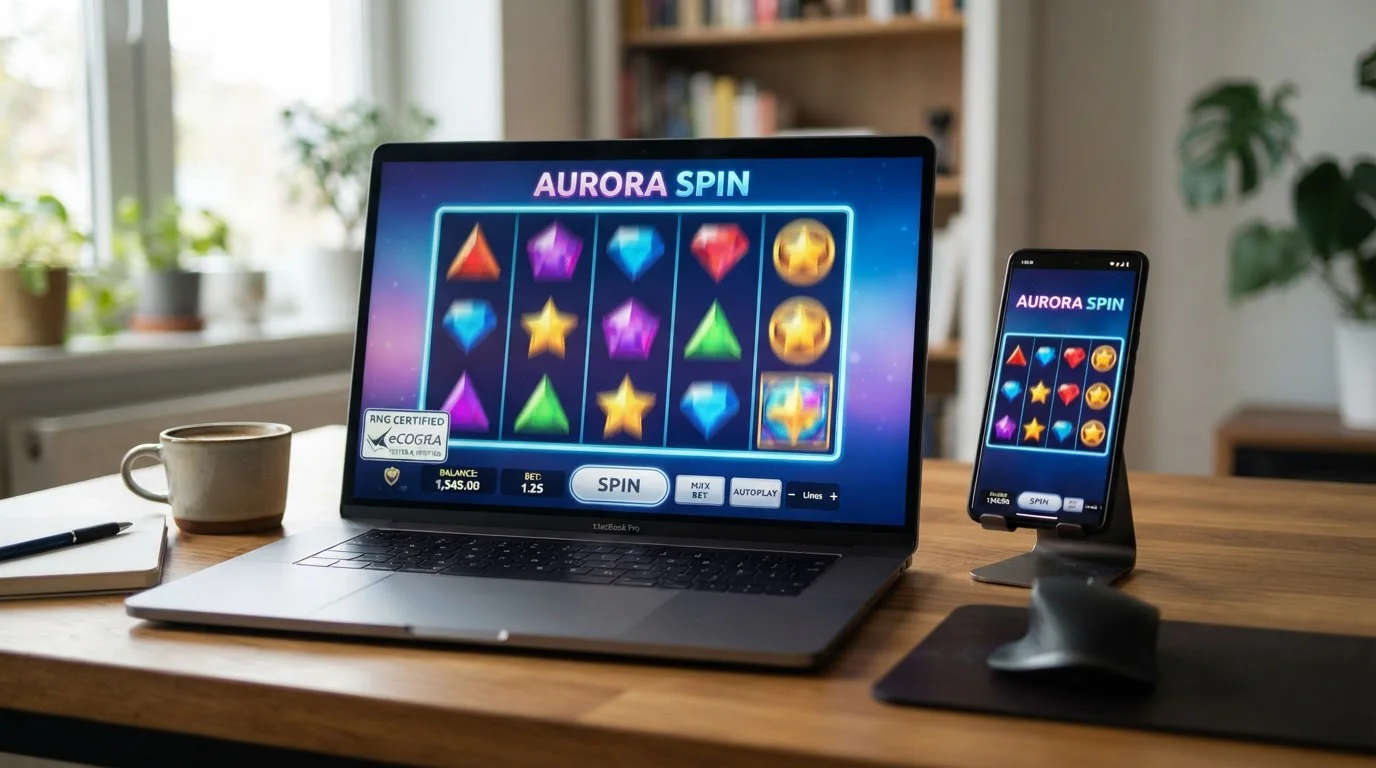 Modern pokies interface with spinning reels and RNG certification badge