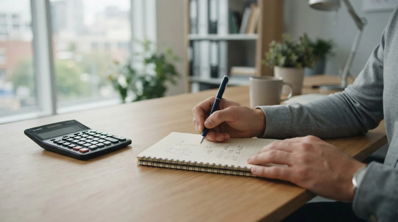 Calculator, pen, and notepad showing wagering requirement breakdown on a desk