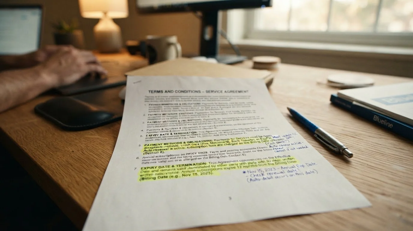Terms and conditions document with highlighted sections on payment methods and expiry dates