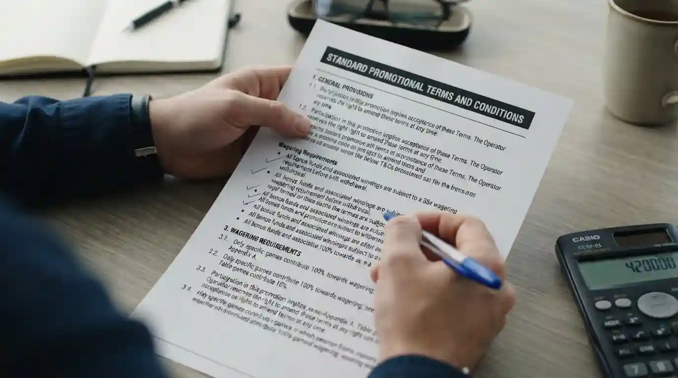Document with bonus terms showing wagering requirements calculation