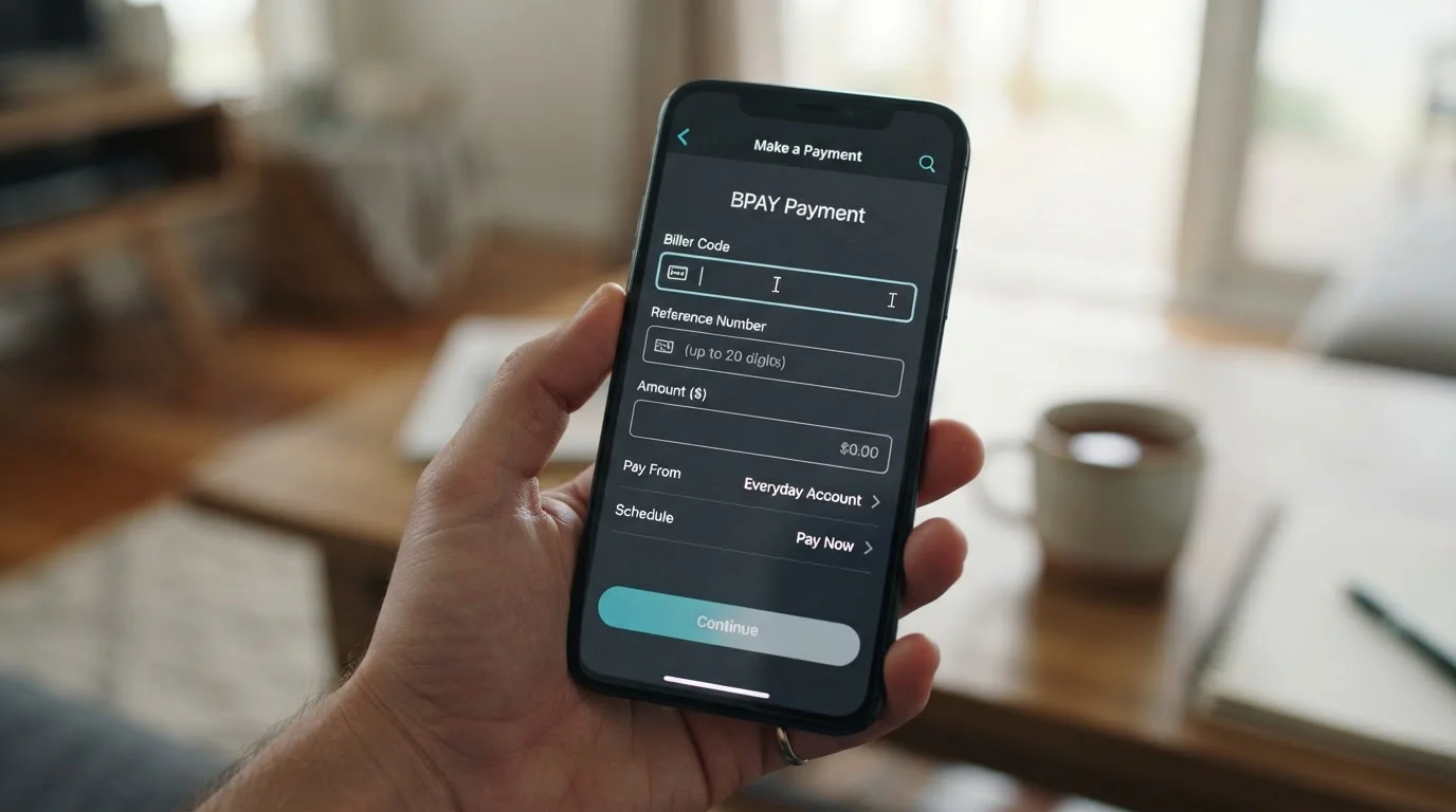 Banking app screen showing BPAY payment interface with biller code entry