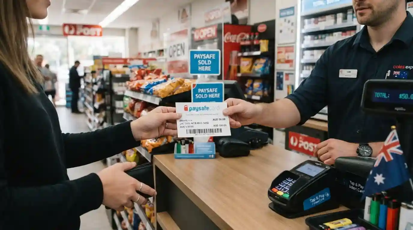 Person purchasing Paysafecard voucher at Australian convenience store counter