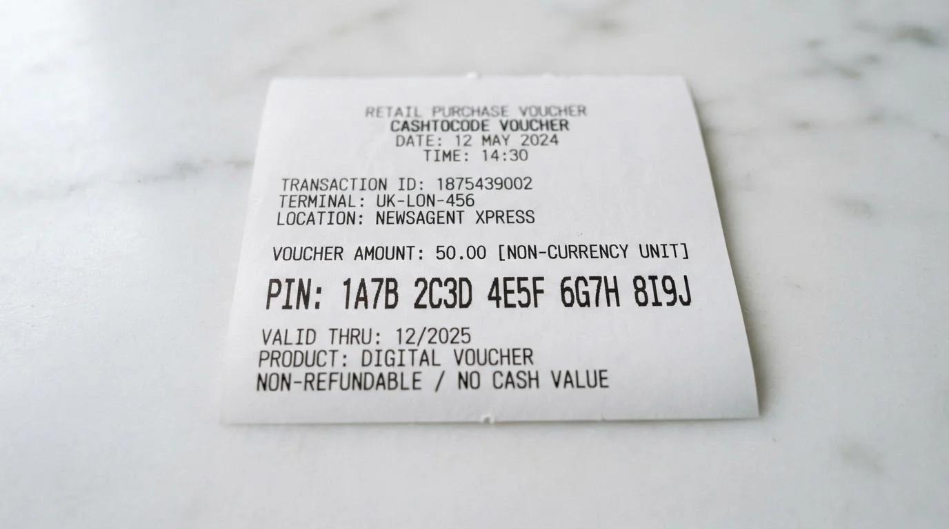 Close-up of CashtoCode prepaid voucher with twenty-digit PIN code on retail receipt