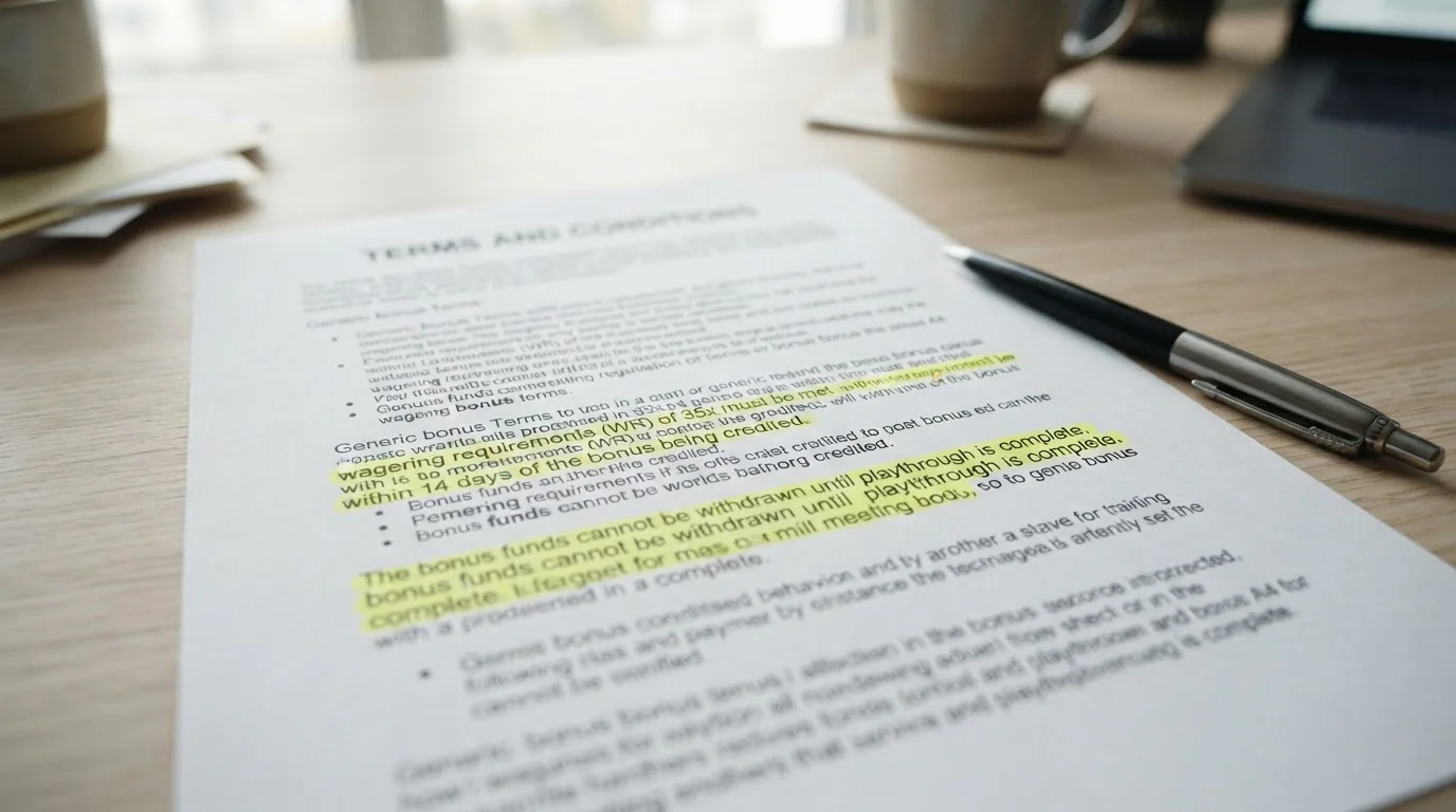Document showing bonus terms with highlighted wagering requirements and time limits