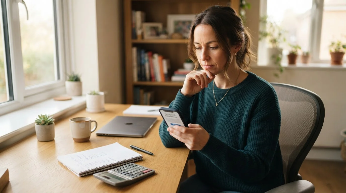 Person reading casino bonus terms and conditions on phone with calculator
