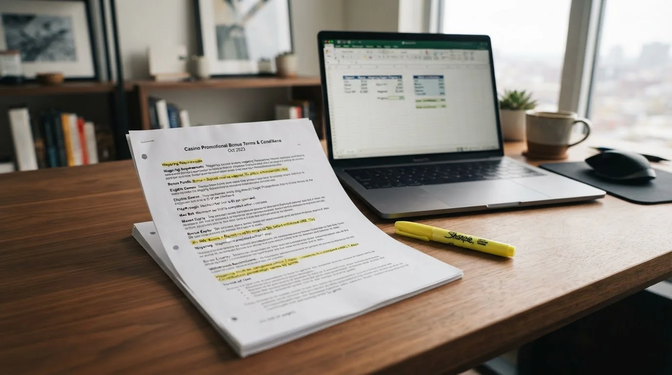 Casino welcome bonus terms document showing wagering requirements and maximum bet limits