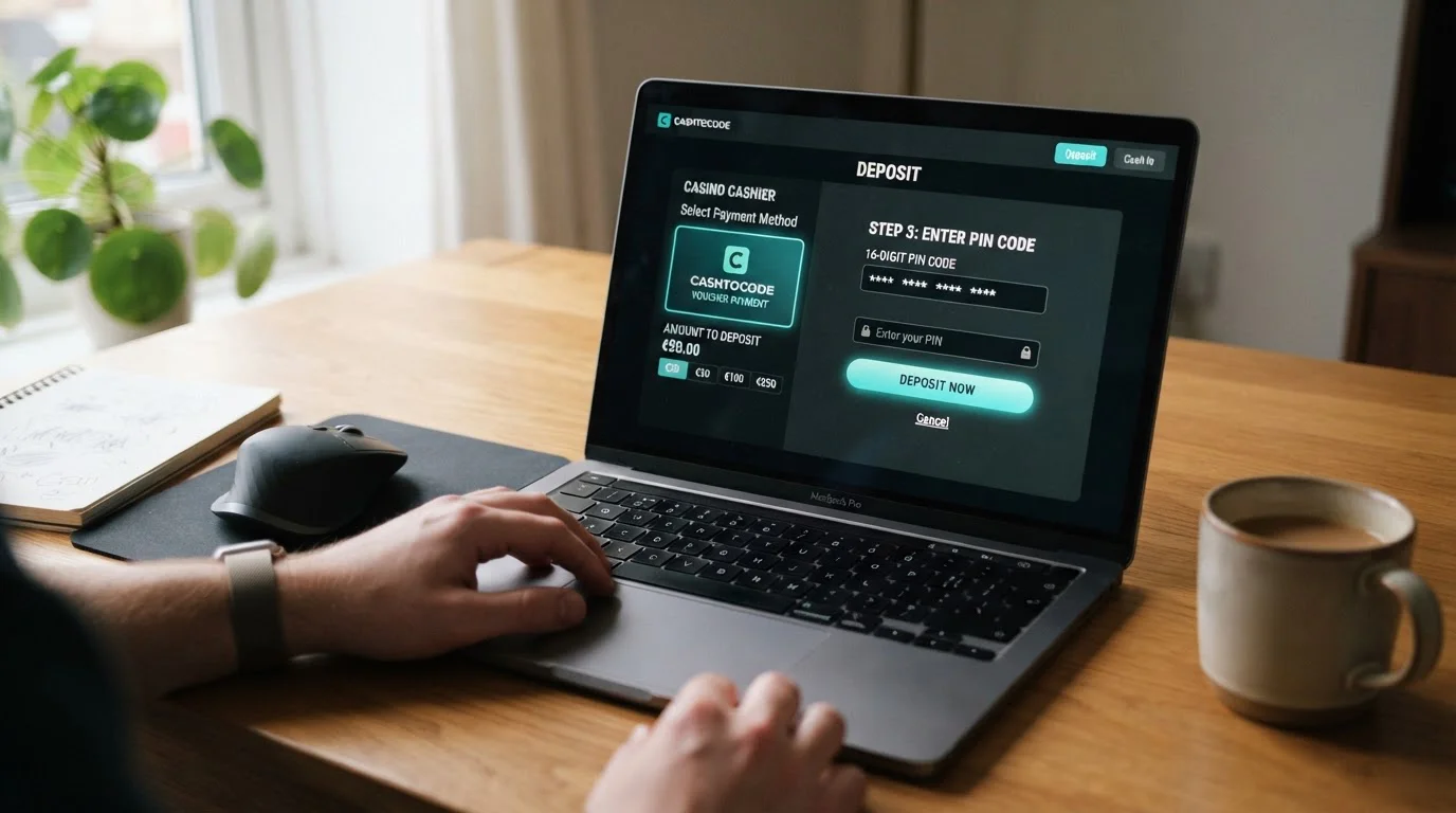 Online casino cashier interface showing CashtoCode deposit option with PIN entry field