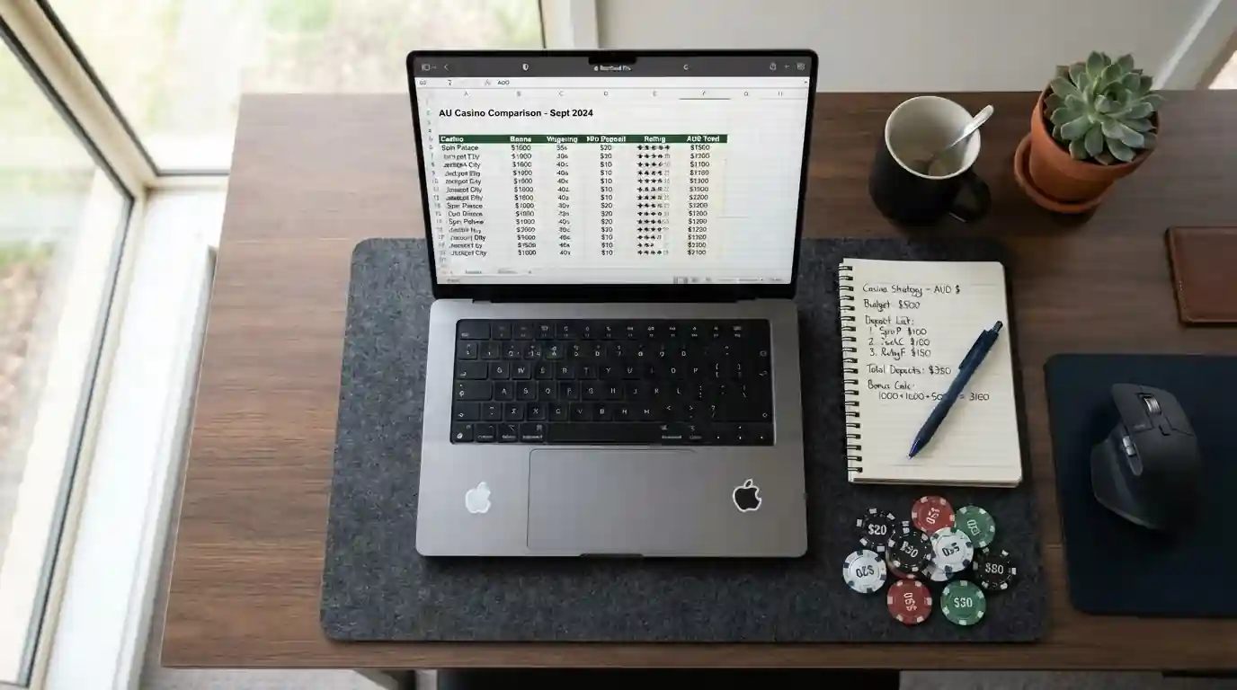 Clean desk with laptop displaying casino comparison spreadsheet and notepad with deposit calculations