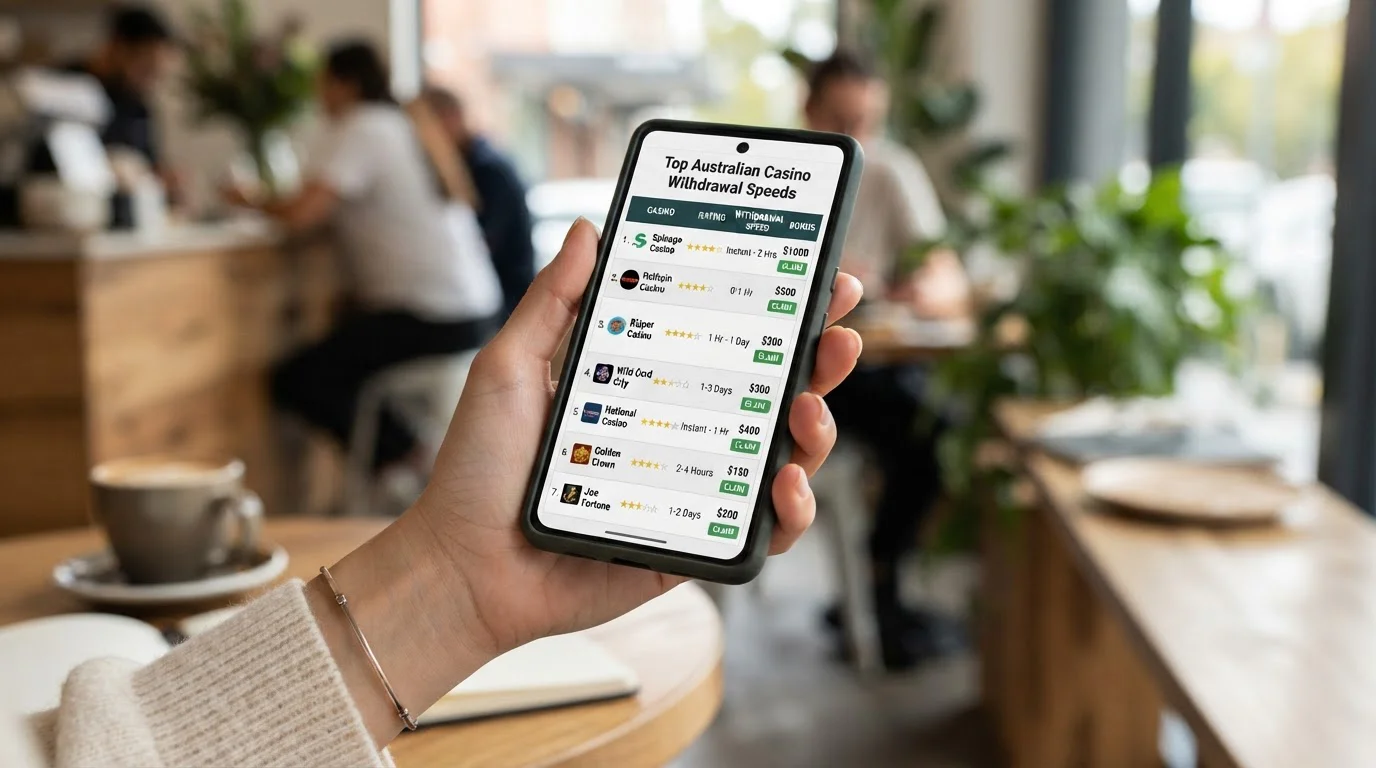 Comparison table showing casino bonuses and withdrawal speeds on mobile screen
